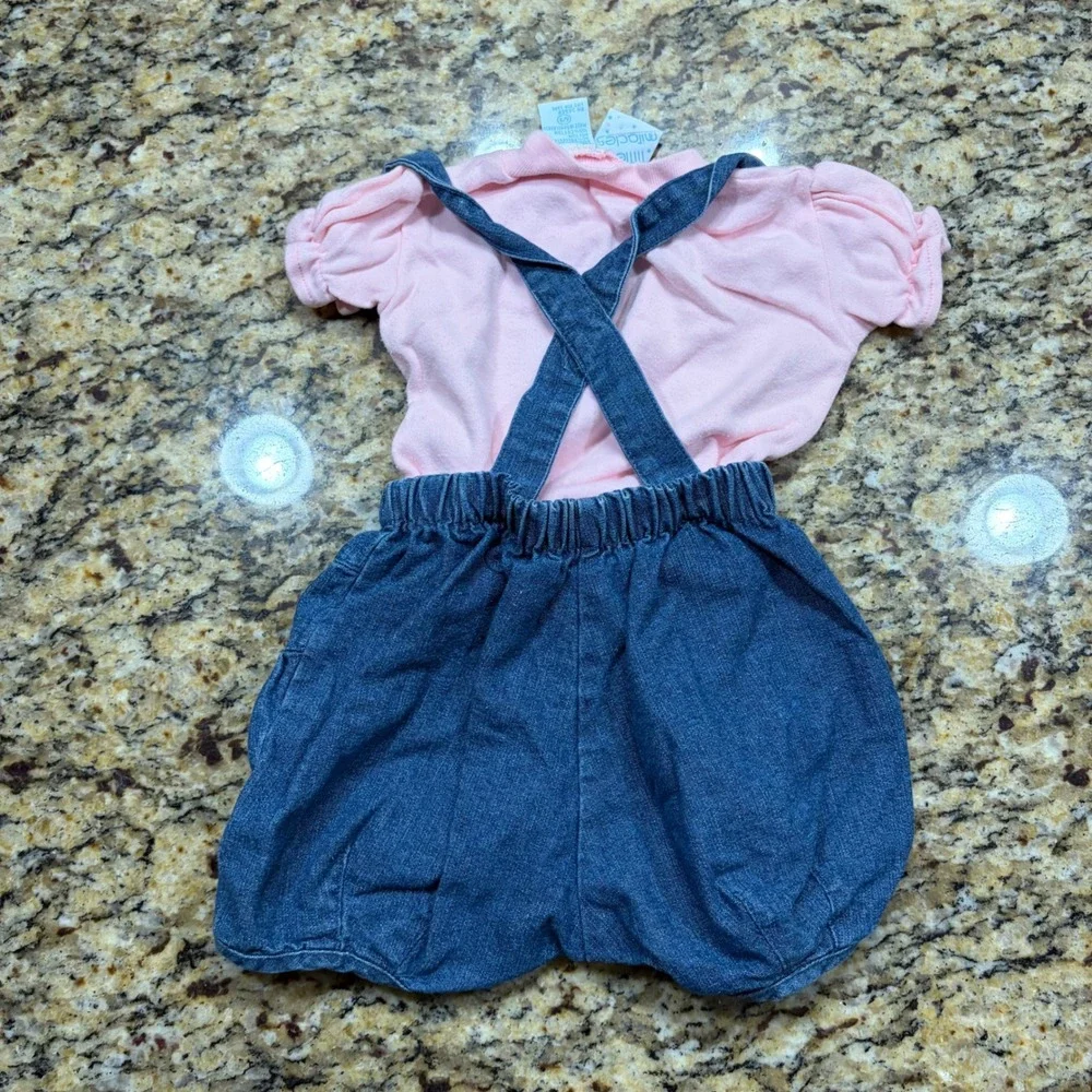Little Miracles Girls Bunny Hop Denim Overall Bloomers and Pink Top Set 6/9M